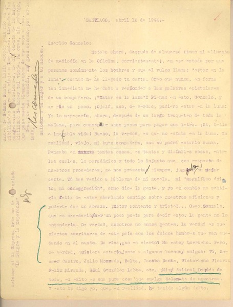 [Carta] 1944 abr. 10, Santiago, Chile [a] Gonzalo Drago