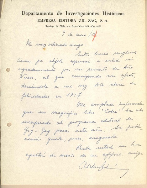 [Carta], 1957 ene. 9 Santiago, Chile [a] Gonzalo Drago