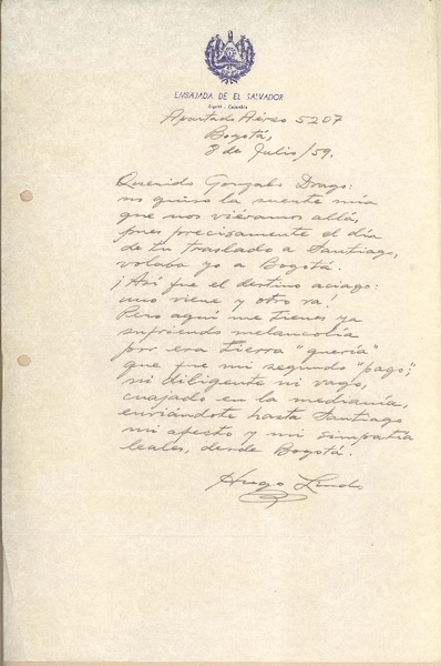 [Carta] 1959 jul. 8, Bogotá, Colombia [a] Gonzalo Drago