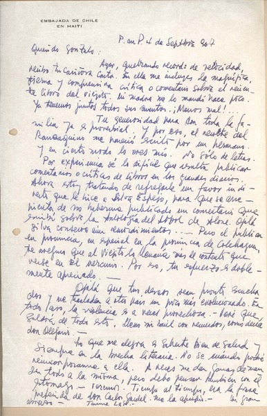 [Carta] 1967 sep. 4, Haití [a] Gonzalo Drago