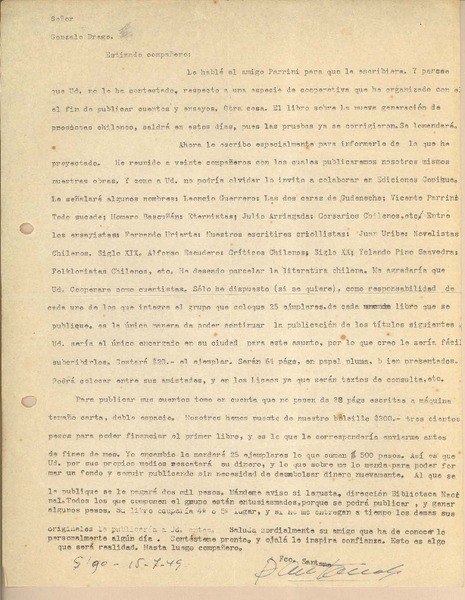 [Carta] 1949 jul. 15, Santiago, Chile [a] Gonzalo Drago