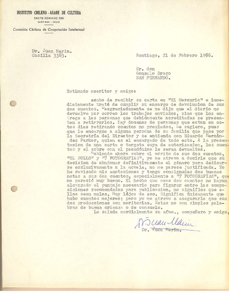 [Carta] 1956 feb. 21, Santiago, Chile [a] Gonzalo Drago