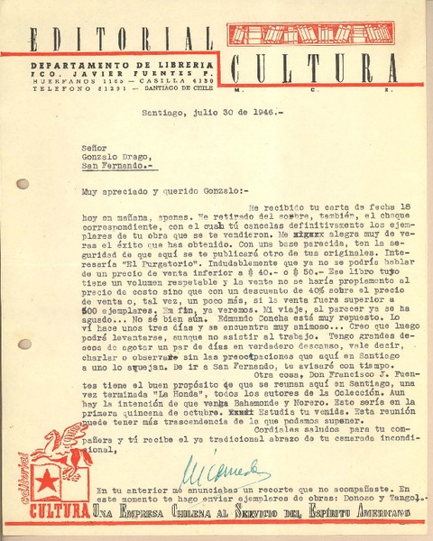 [Carta] 1946 jul. 30, Santiago, Chile [a] Gonzalo Drago