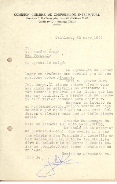 [Carta] 1959 may. 25, Santiago, Chile [a] Gonzalo Drago