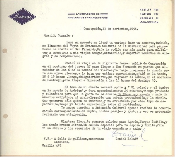 [Carta] 1958 nov. 13, Concepción, Chile [a] Gonzalo Drago