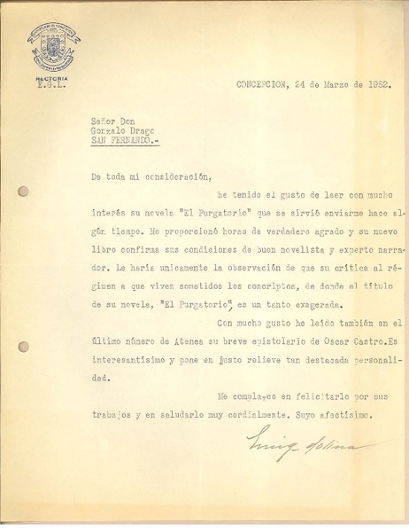 [Carta] 1952 mar. 24, Concepción, Chile [a] Gonzalo Drago