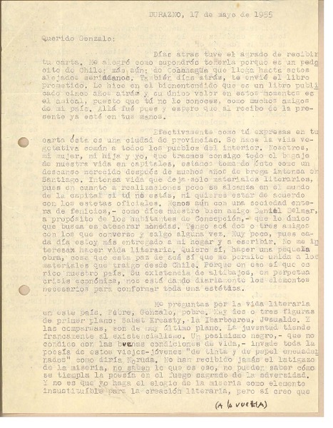 [Carta] 1955 may. 17, Durazno, Uruguay [a] Gonzalo Drago