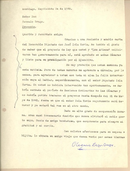 [Carta] 1960 sep.24, Santiago, Chile [a] Gonzalo Drago