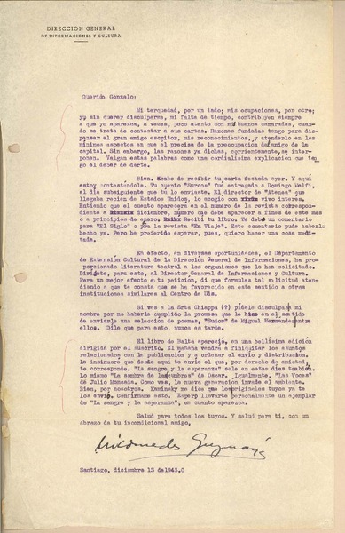 [Carta] 1943 dic. 13, Santiago, Chile [a] Gonzalo Drago