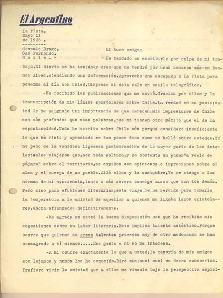 [Carta] 1936 may. 11, La Plata, Argentina [a] Gonzalo Drago