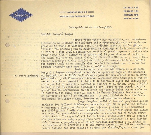 [Carta] 1952 oct. 10, Concepción, Chile [a] Gonzalo Drago