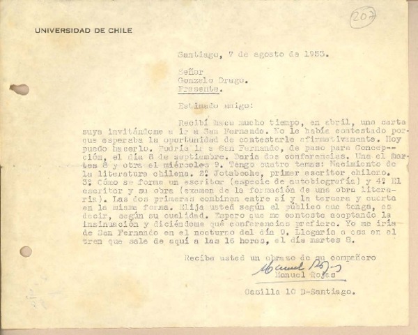[Carta] 1953 ago. 7, Santiago, Chile [a] Gonzalo Drago