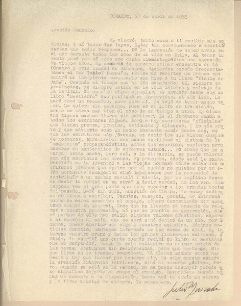 [Carta] 1955 abr. 27, Durazno, Uruguay [a] Gonzalo Drago