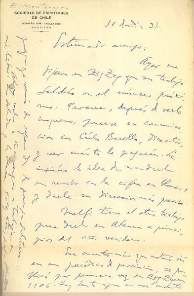 [Carta] 1937 dic. 30, Santiago, Chile [a] Gonzalo Drago