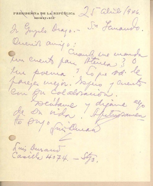 [Carta] 1946 abr. 25, Santiago, Chile [a] Gonzalo Drago