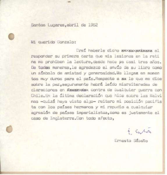 [Carta], 1982 abr. Santos Lugares, Argentina [a] Gonzalo Drago