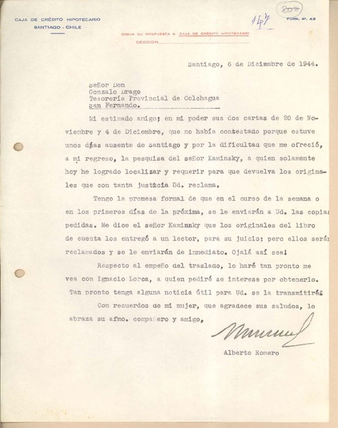 [Carta] 1944 dic. 6, Santiago, Chile [a] Gonzalo Drago