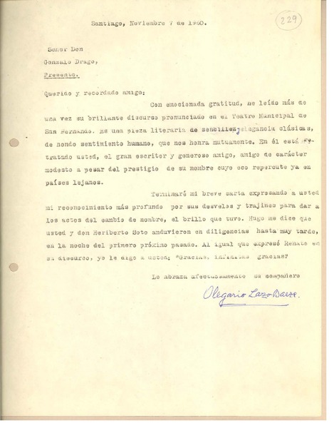 [Carta] 1960 nov. 7, Santiago, Chile [a] Gonzalo Drago