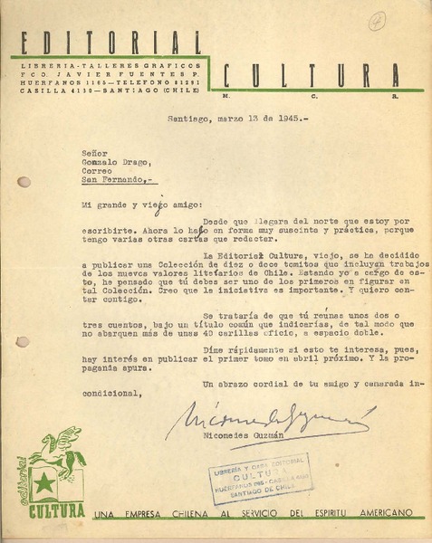 [Carta] 1945 mar. 13, Santiago, Chile [a] Gonzalo Drago