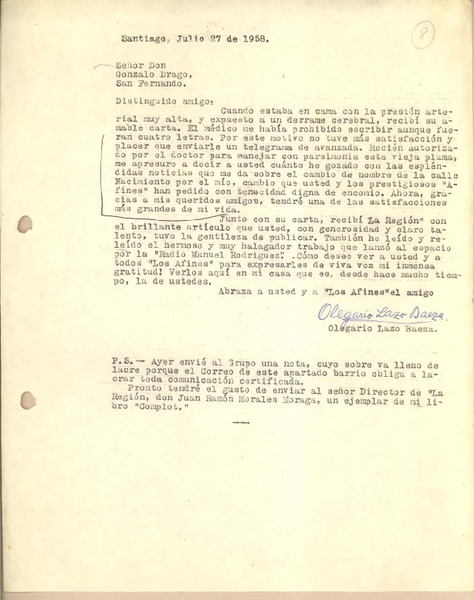 [Carta] 1958 jul. 27, Santiago, Chile [a] Gonzalo Drago