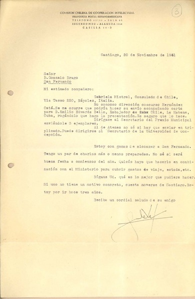 [Carta] 1951 nov. 20, Santiago, Chile [a] Gonzalo Drago