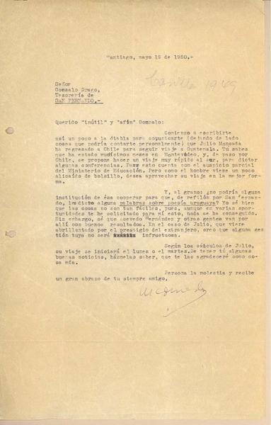 [Carta] 1950 may. 19, Santiago, Chile [a] Gonzalo Drago