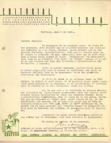 [Carta] 1945 may. 3, Santiago, Chile [a] Gonzalo Drago