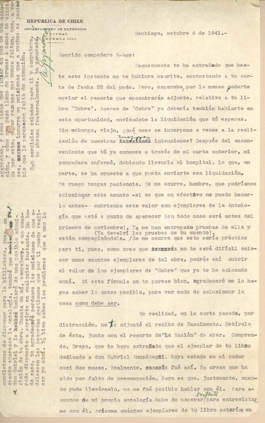 [Carta] 1941 oct. 6, Santiago, Chile [a] Gonzalo Drago