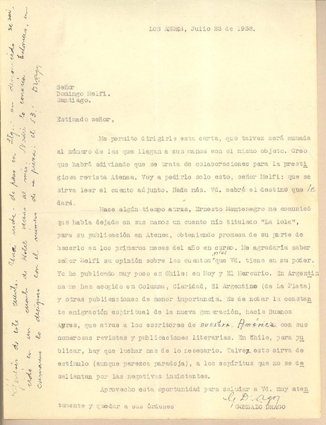 [Carta] 1938 jul. 23, Los Andes, Chile [a] Domingo Melfi