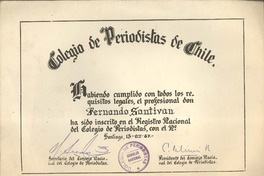 [Certificado] 1967 febrero 13, Santiago [Chile] [a] Fernando Santiván