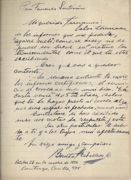 [Carta] 1950 octubre 26, Santiago, Chile [a] Fernando Santiván