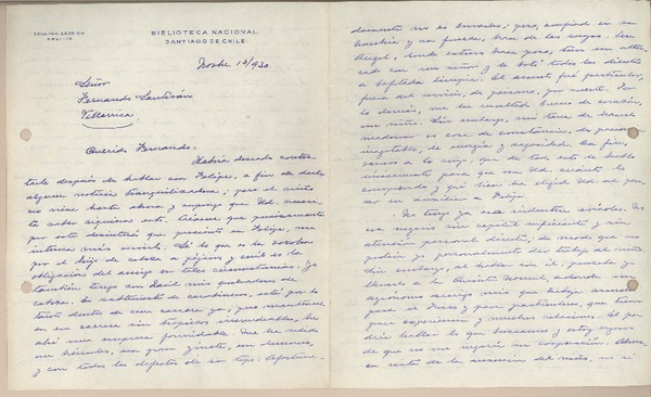 [Carta] 1930 noviembre 13, Santiago, Chile [a] Fernando Santiván