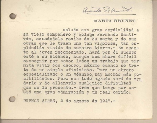 [Tarjeta] 1947 agosto 2, Buenos Aires, Argentina [a] Fernando Santiván