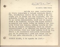 [Tarjeta] 1947 agosto 2, Buenos Aires, Argentina [a] Fernando Santiván
