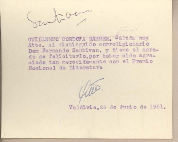 [Tarjeta] 1951 junio 24, Valdivia, Chile [a] Fernando Santiván