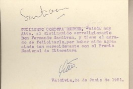 [Tarjeta] 1951 junio 24, Valdivia, Chile [a] Fernando Santiván