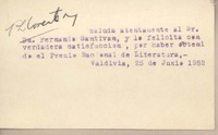 [Tarjeta] 1952 junio 25, Valdivia, Chile [a] Fernando Santiván