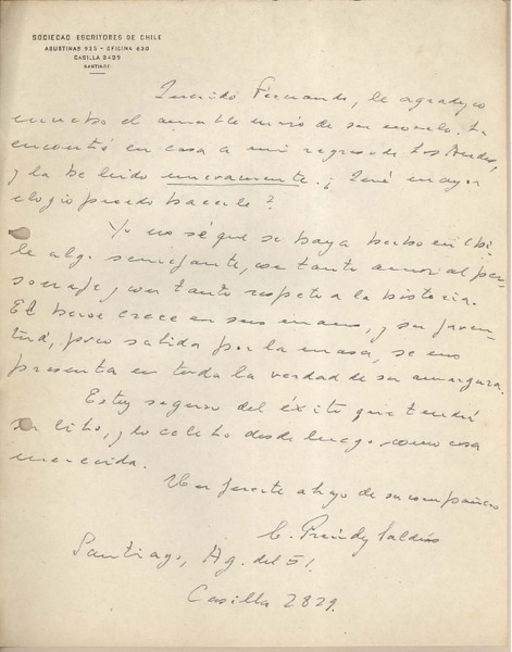 [Carta] 1951 agosto, Santiago, Chile [a] Fernando Santiván