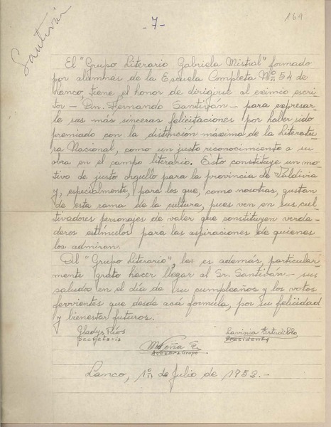 [Carta] 1952 julio 1, Lanco, Chile [a] Fernando Santiván