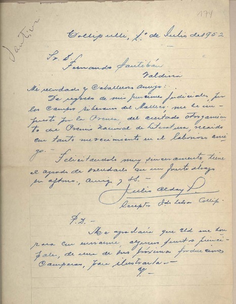 [Carta] 1952 julio 1, Collipulli, Chile [a] Fernando Santiván