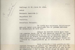 [Carta] 1952 junio 30, Santiago, Chile [a] Fernando Santiván