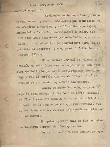 [Carta] 1950 agosto 14, Santiago, Chile [a su esposa]