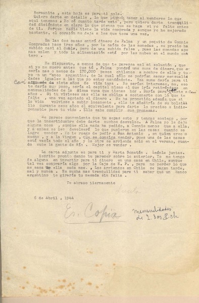 [Carta] 1944 abr. 6, [Petrópolis, Brasil?] [a] Emelina Molina, [Chile]