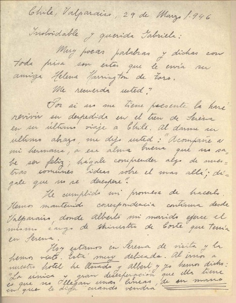 [Carta] 1946 mar. 29, Valparaíso, Chile [a] Gabriela [Mistral]