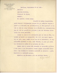 [Carta] 1935 sept. 27, Santiago, [Chile] [a] Gabriela Mistral, Consulado de Chile, Madrid, [España]