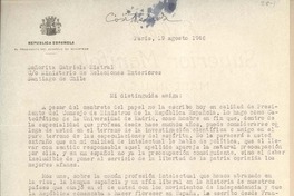[Carta] 1946 ago. 19, Paris, [Francia] [a] Gabriela Mistral, Santiago, Chile