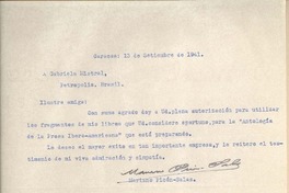 [Carta] 1941 sept. 13, Caracas, [Venezuela] [a] Gabriela Mistral, Petrópolis, Brasil