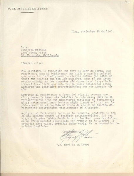 [Carta] 1946 nov. 26, Lima, [Perú] [a] Gabriela Mistral, Monrovia, California, [EE.UU.]