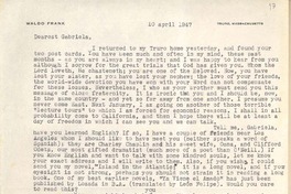 [Carta] 1947 Apr. 10, Truro, Massachusetts, [EE.UU.] [a] Gabriela [Mistral]