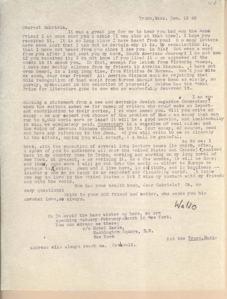 [Carta] 1945 Dec. 15, Truro, [Massachusetts], [EE.UU.] [a] Gabriela [Mistral]